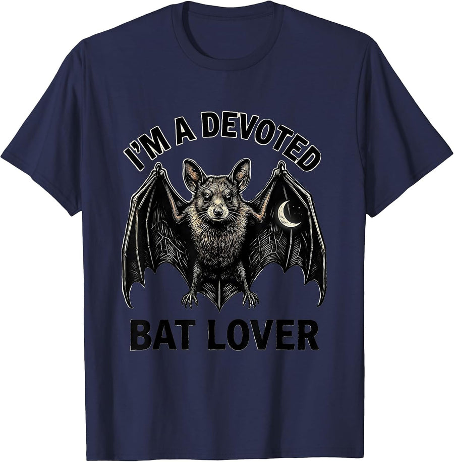 I'm A Devoted Bat Lover Linocut Bat Lover Halloween Nature T-Shirt - Navy Blue