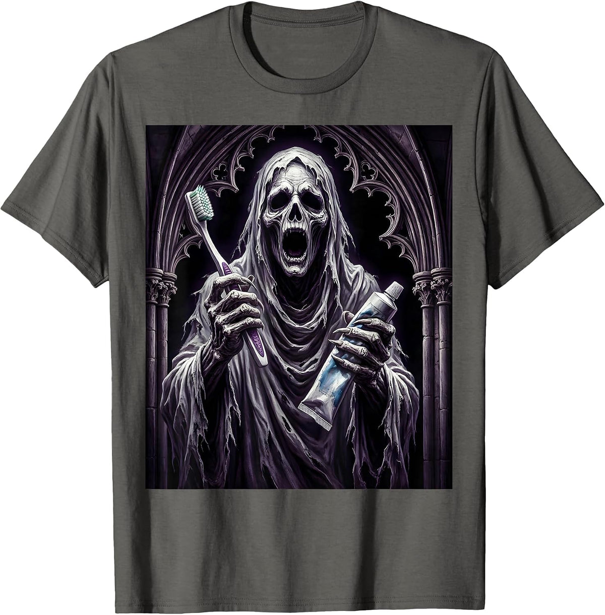 Dental Halloween Ghost Toothbrush Spooky Design T-Shirt - Asphalt Grey