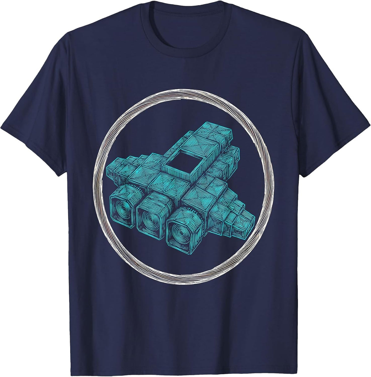 Pixel Art Spaceship Glowing Squares Retro Space T-Shirt - Navy Blue