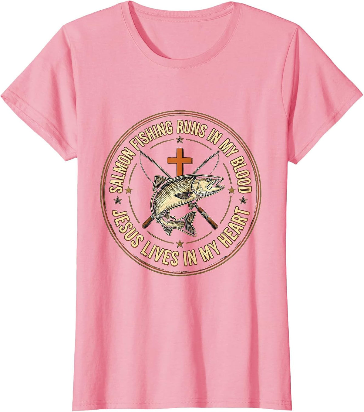 Women's Salmon Fishing Runs In My Blood, Jesus Lives In My Heart T-Shirt - Pink