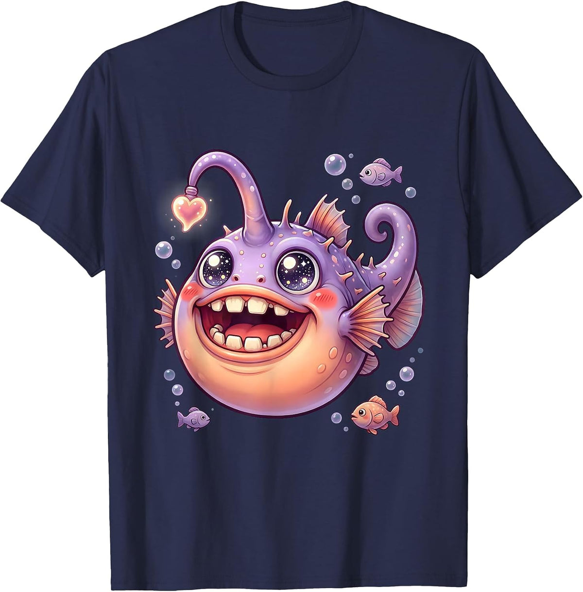 Salty Deep Sea Anglerfish Glowing Lure Design T-Shirt - Navy Blue