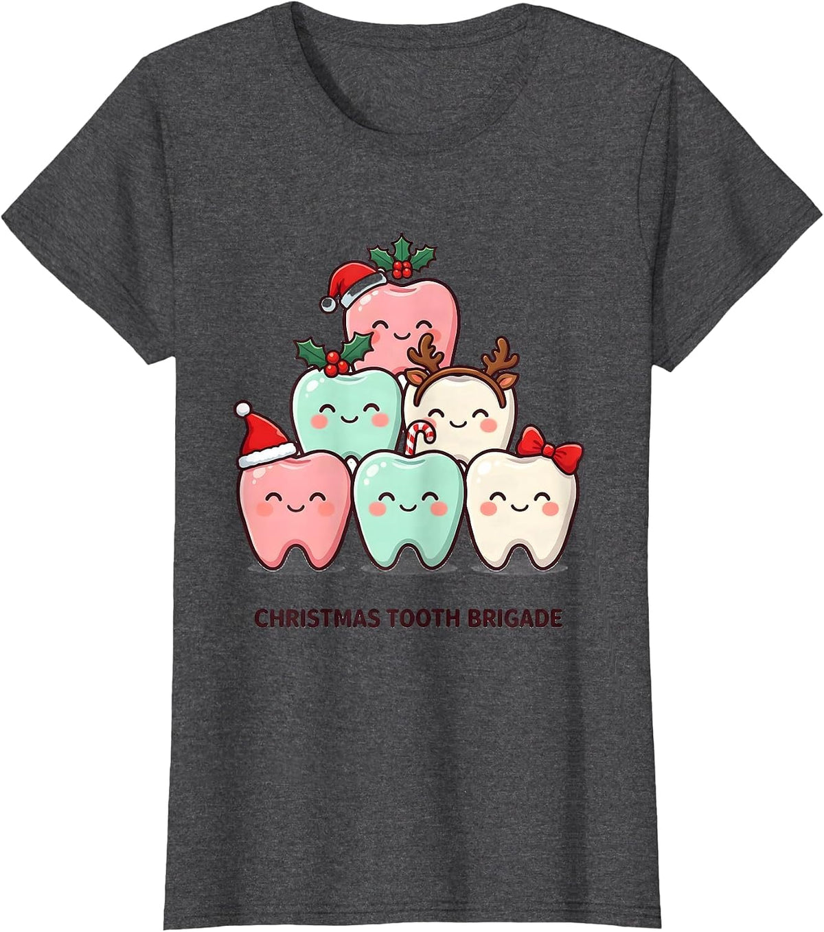 Women's Christmas Tooth Brigade Cute Kawaii Dental Team Christmas T-Shirt - Dark Heather Grey