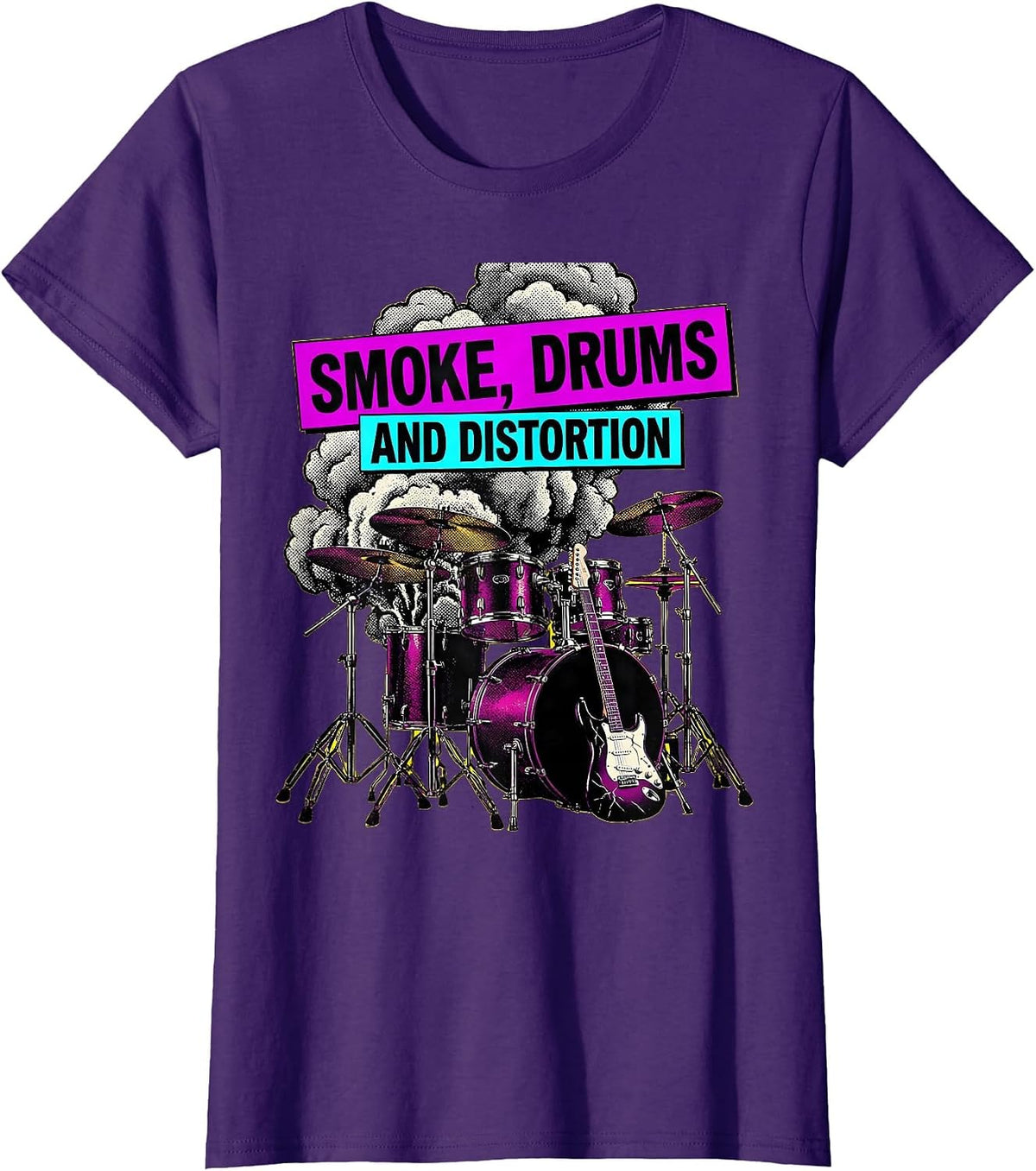 Women's Smoke Drums and Distortion 80s Rock Band Design T-Shirt - Purple