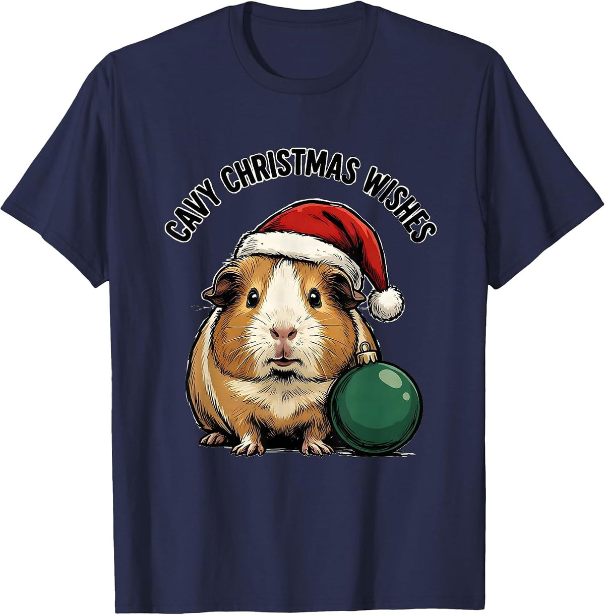Men's Cavy Christmas Wishes Funny Guinea Pig Santa Hat Holiday T-Shirt - Navy Blue