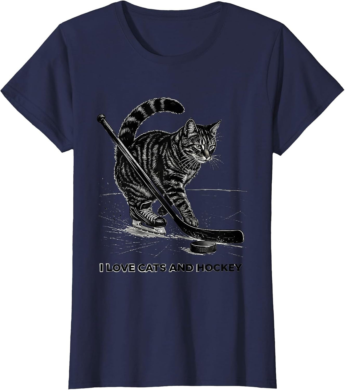 Women's I Love Cats And Hockey Funny Cat Lover Hockey Fan Novelty T-Shirt - Navy Blue