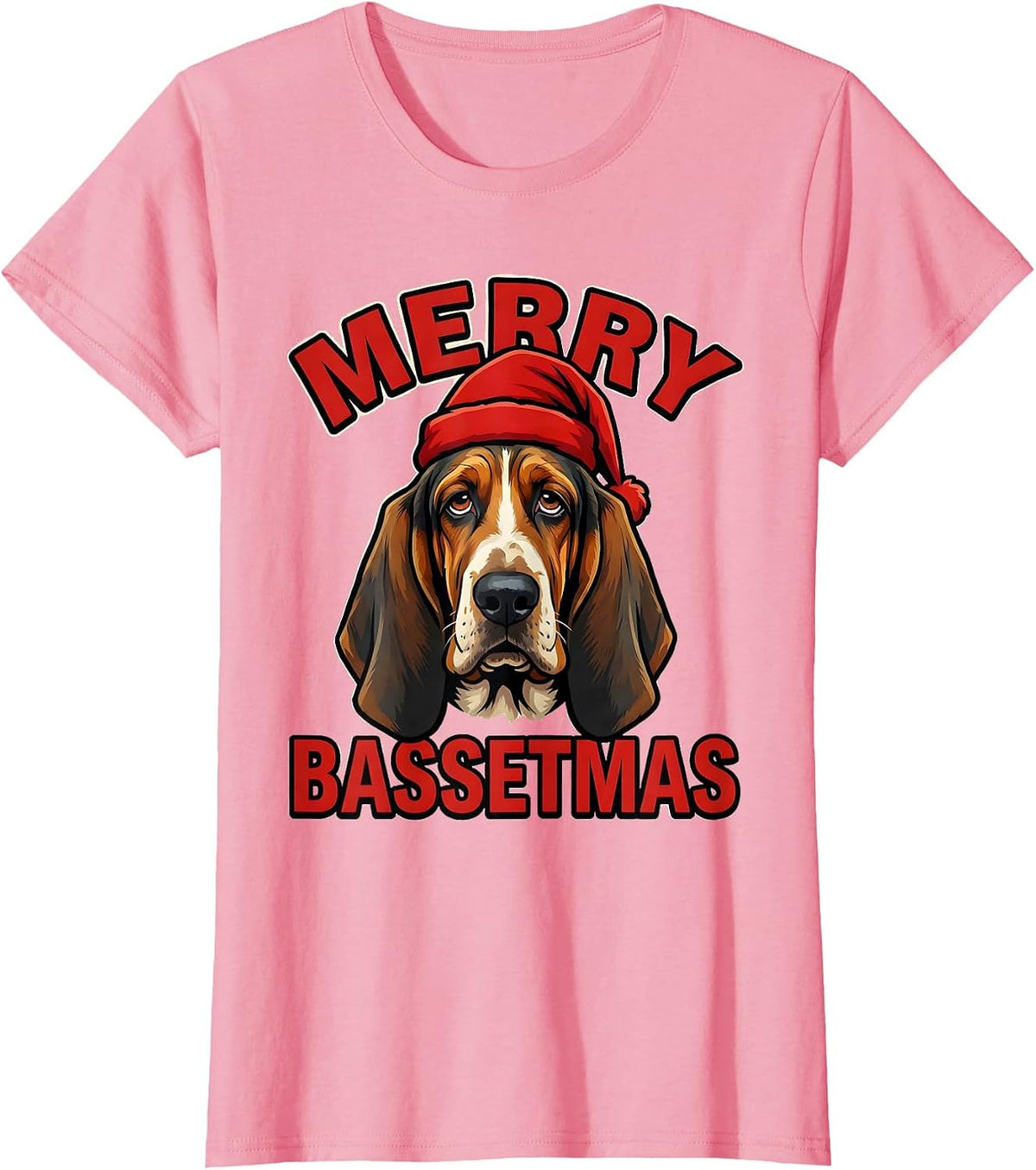 Women's Merry Bassetmas Cartoon Basset Hound Christmas Dog Lover T-Shirt - Pink