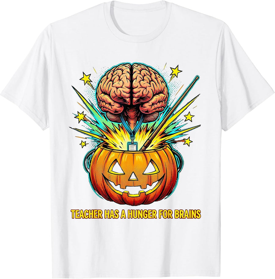 Men's Teacher Has A Hunger For Brains Funny Teacher Halloween Pop T-Shirt - White