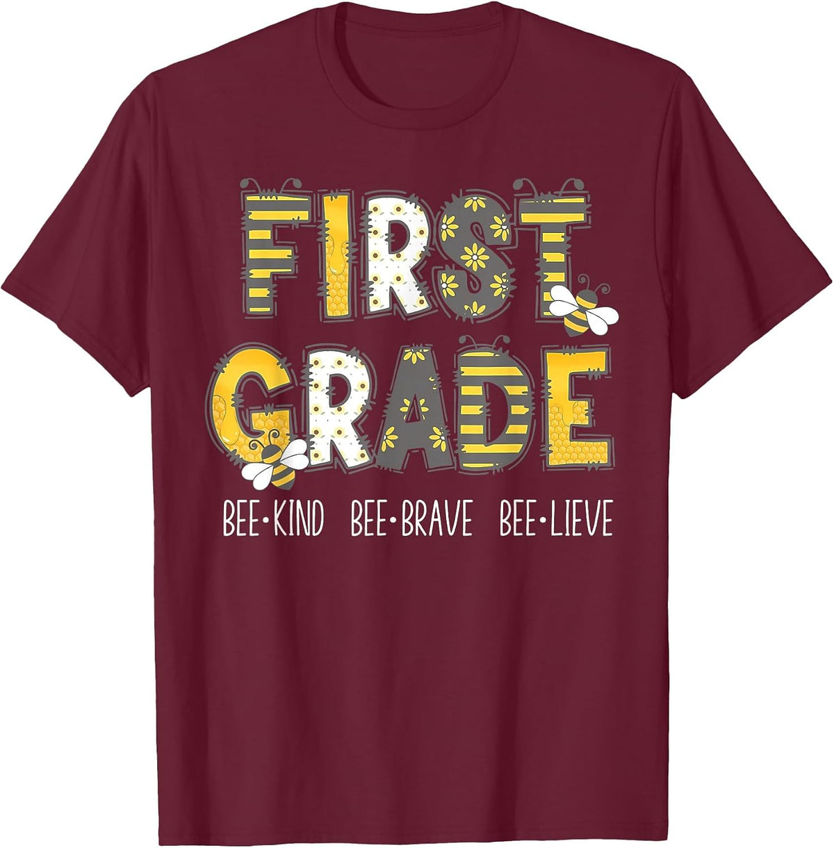 Groovy Bee Kind First Grade Teacher 1st Squad Student Grad T-Shirt - Burgundy