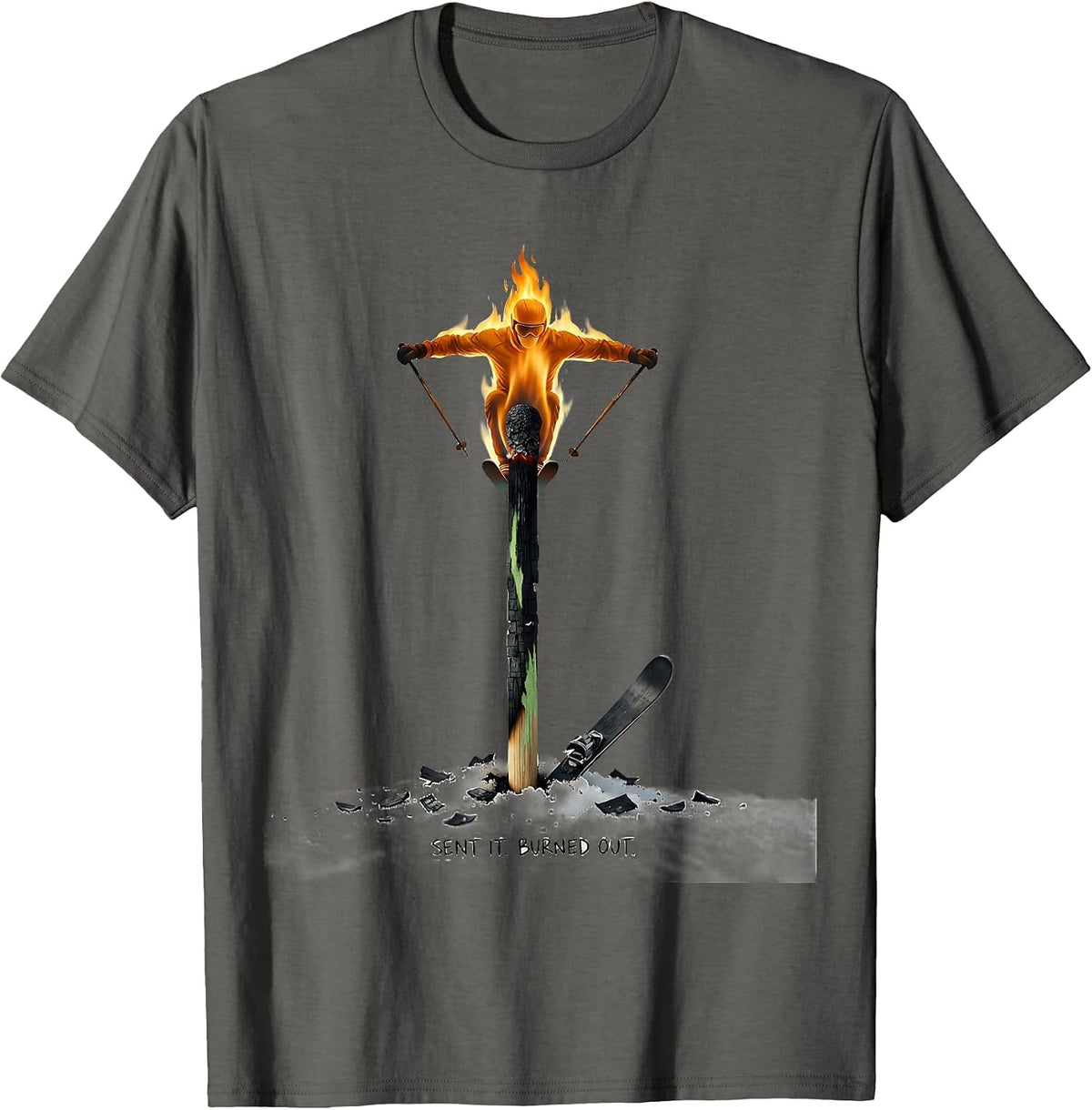Sent It Burned Out Funny Skiing Ski Lover Gift T-Shirt - Asphalt Grey