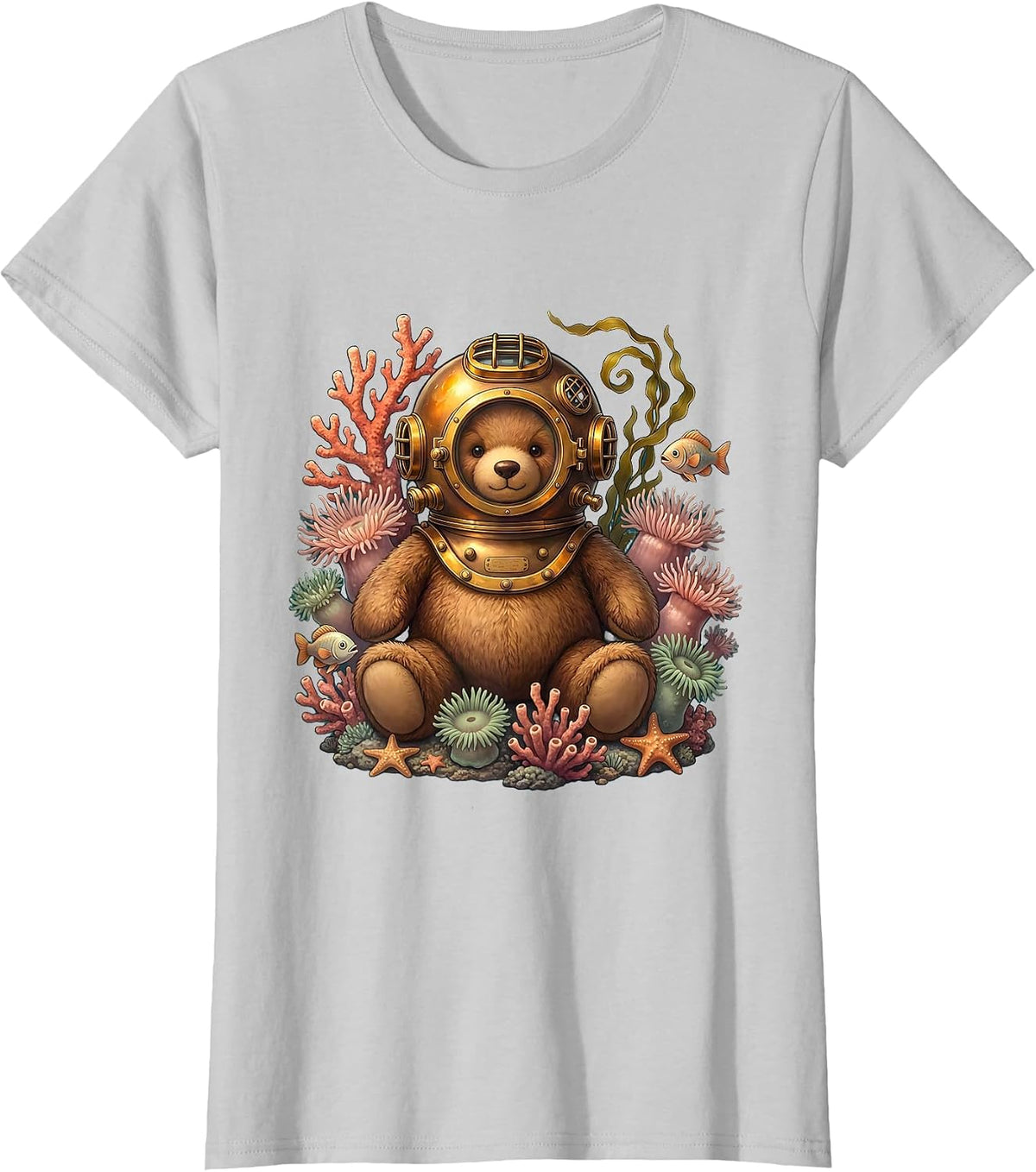 Teddy Bear Deep Sea Diver With Fish and Coral T-Shirt - Silver Grey