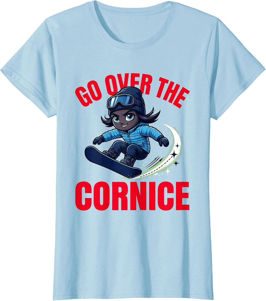 Women's GO OVER THE CORNICE Funny Cartoon Snowboarder Ski Season T-Shirt - Baby Blue