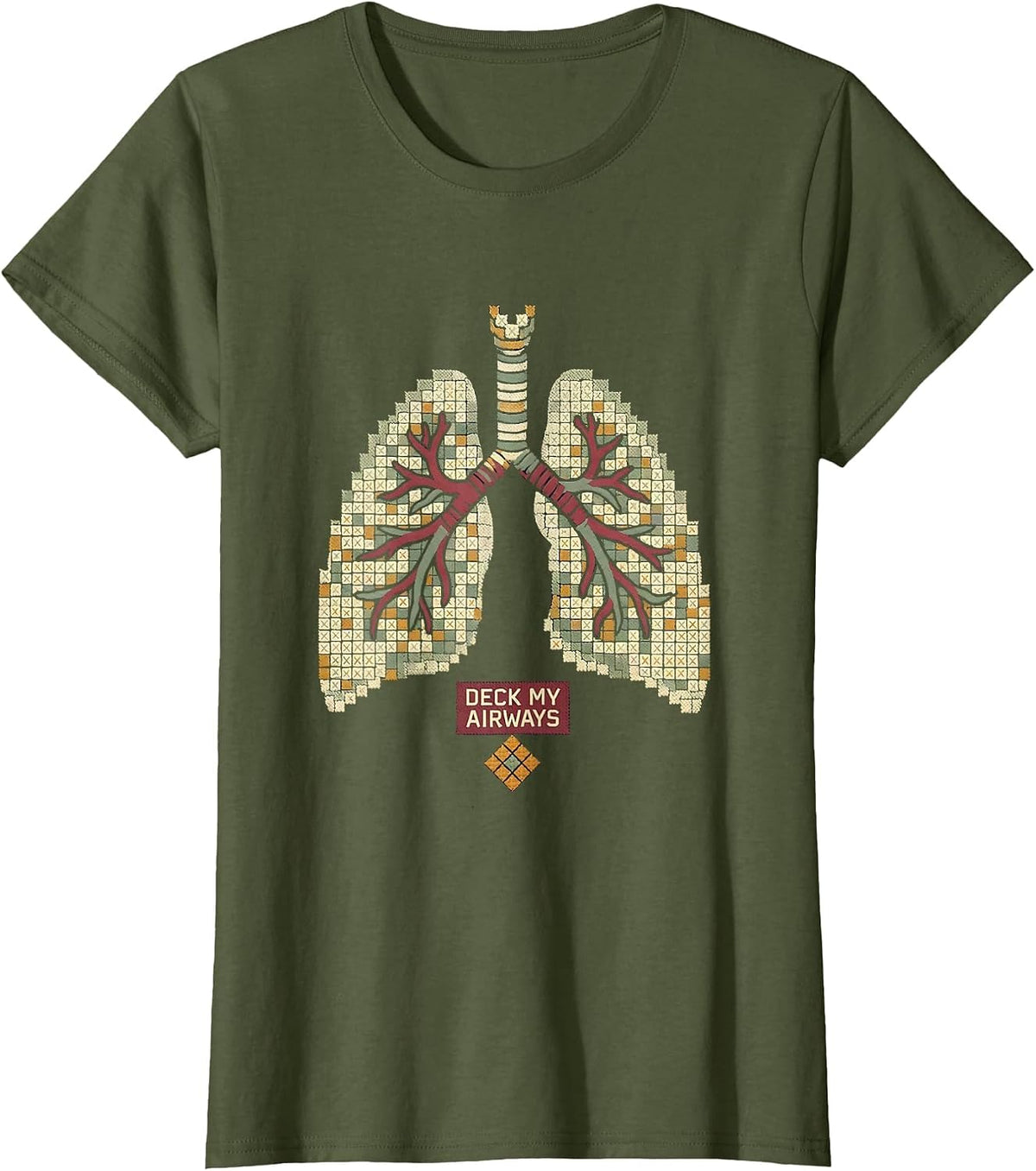 Women's Deck My Airways Cross Stitch Respiratory Therapist Christmas T-Shirt - Olive Green