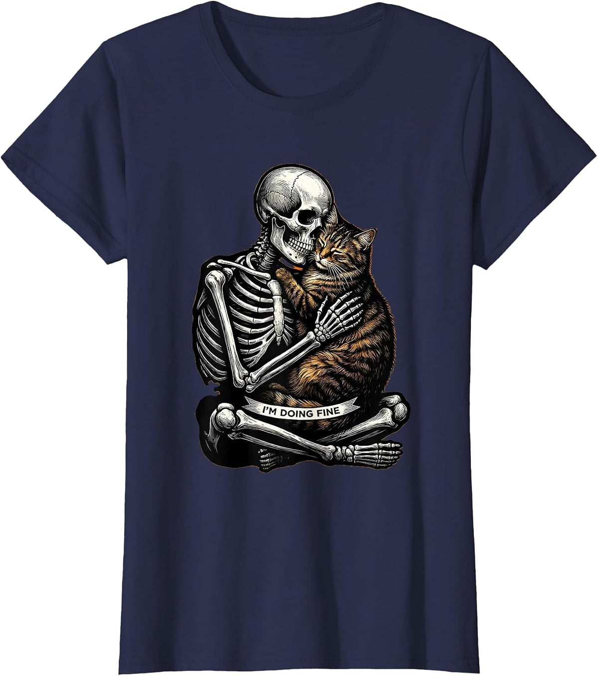 Women's I'm Doing Fine Scratchboard Skeleton Hugging Cat Halloween T-Shirt - Navy Blue