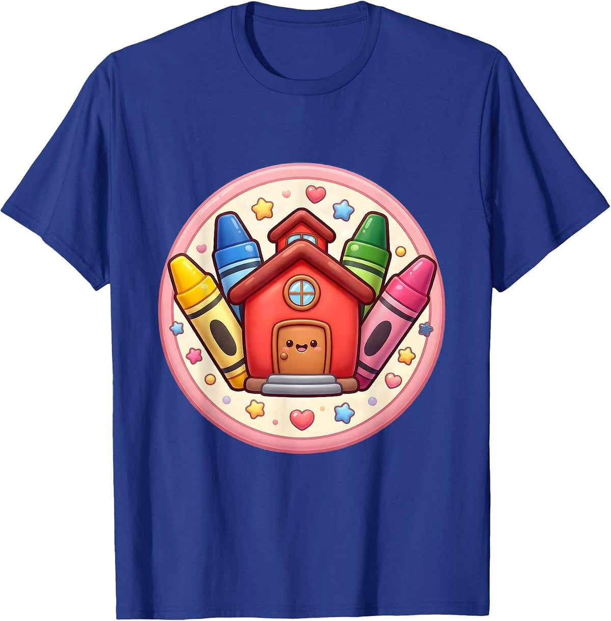 Men's Kindergarten Teacher Schoolhouse Crayon Art T-Shirt - Royal Blue