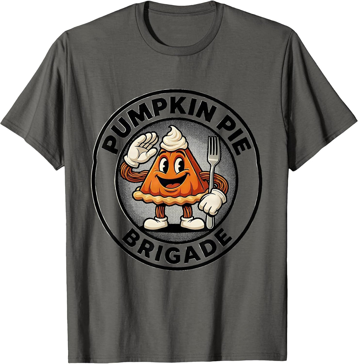 Pumpkin Pie Brigade Retro Cartoon Funny Thanksgiving Pie T-Shirt - Asphalt Grey