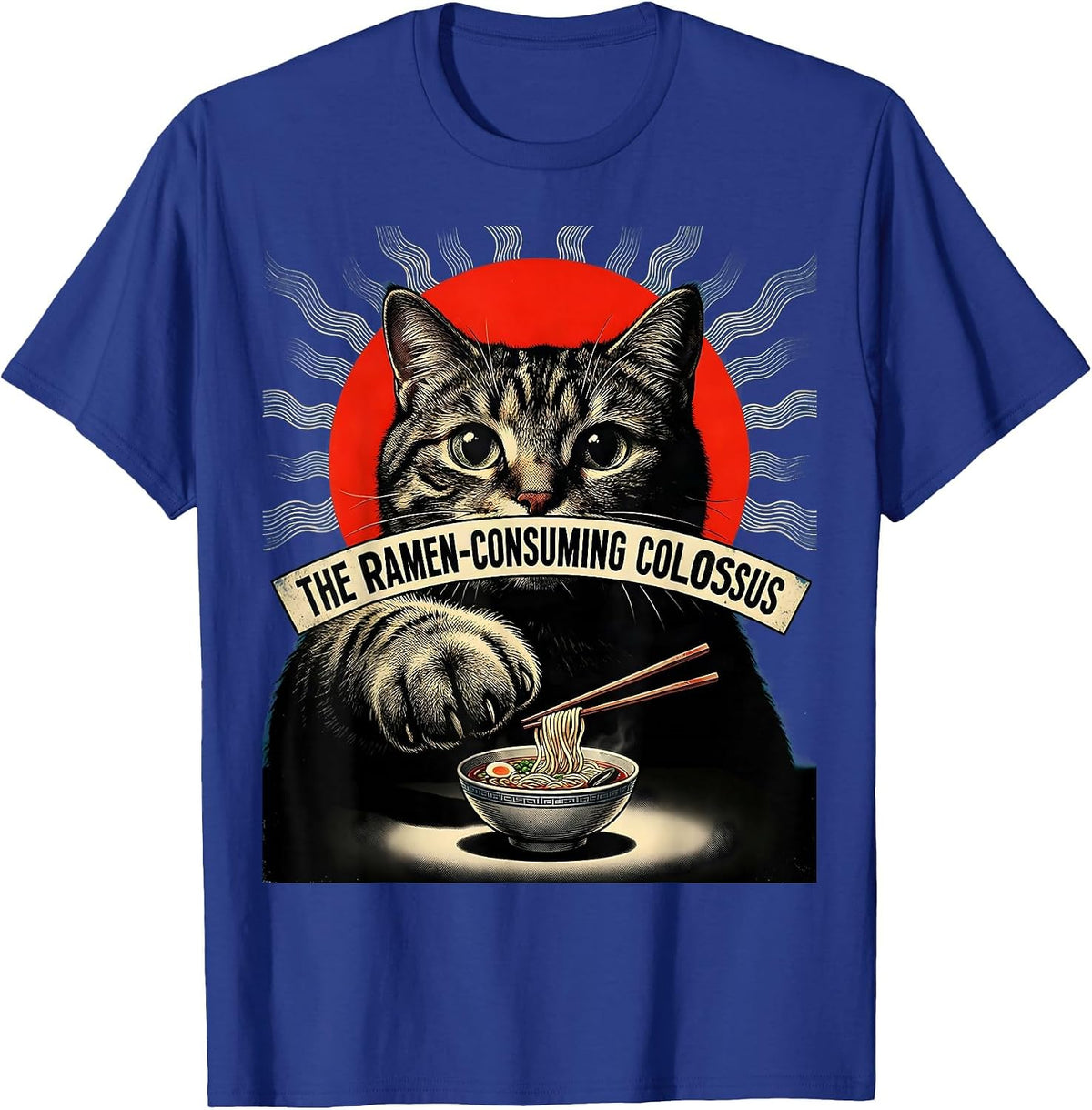 The Ramen-Consuming Colossus Pulp Cover Vintage Kaiju Cat T-Shirt - Royal Blue