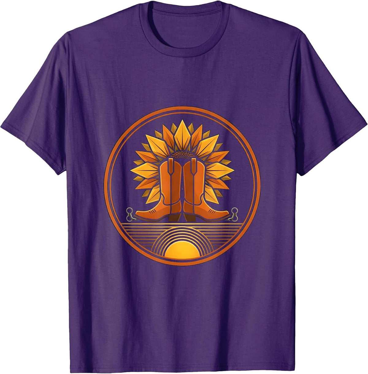 Cowboy Boots Sunflower and Spur Graphic Design T-Shirt - Purple