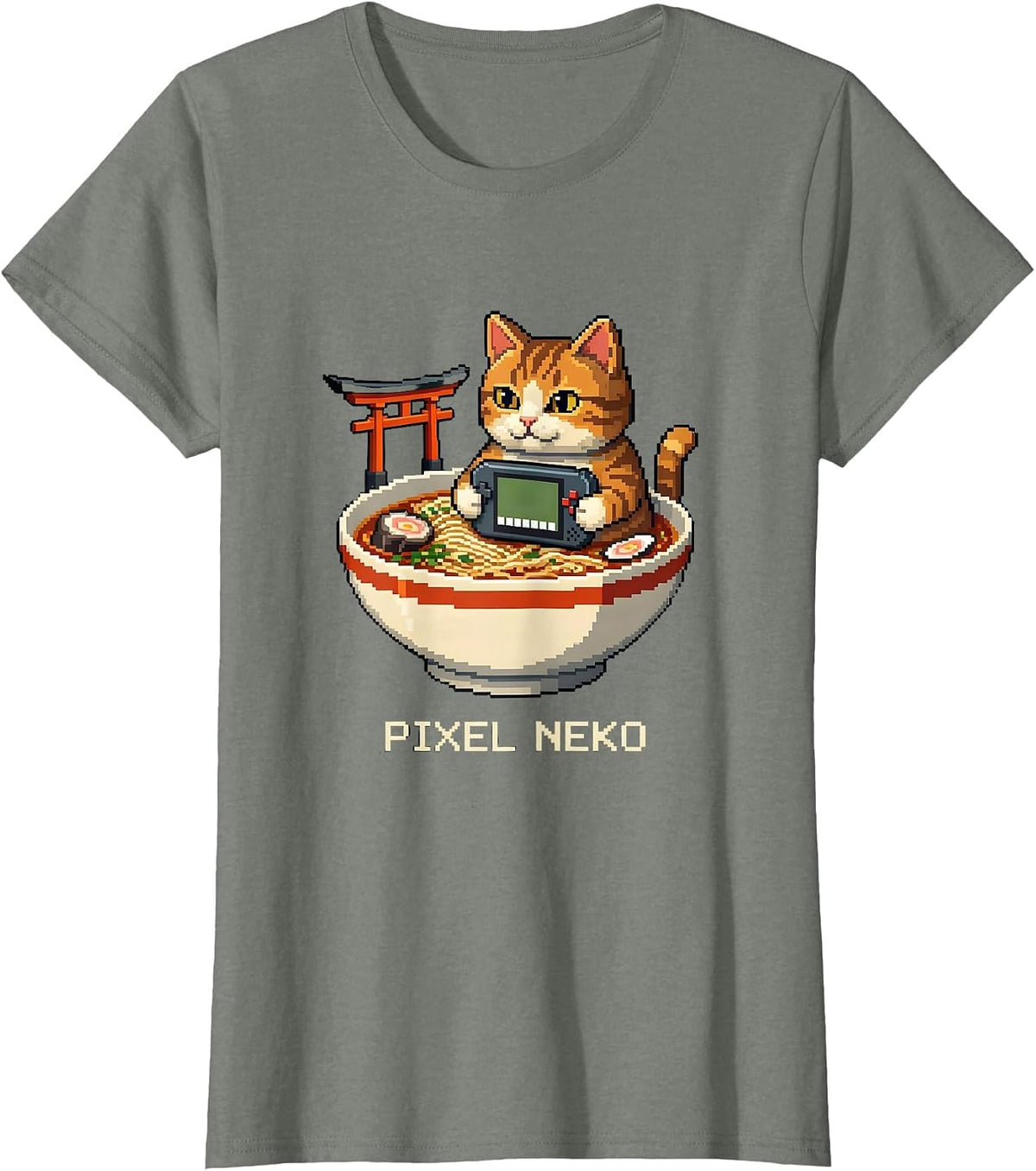 Women's Pixel Neko Funny Anime Cat Gaming Kawaii Japanese Art T-Shirt - Olive Heather