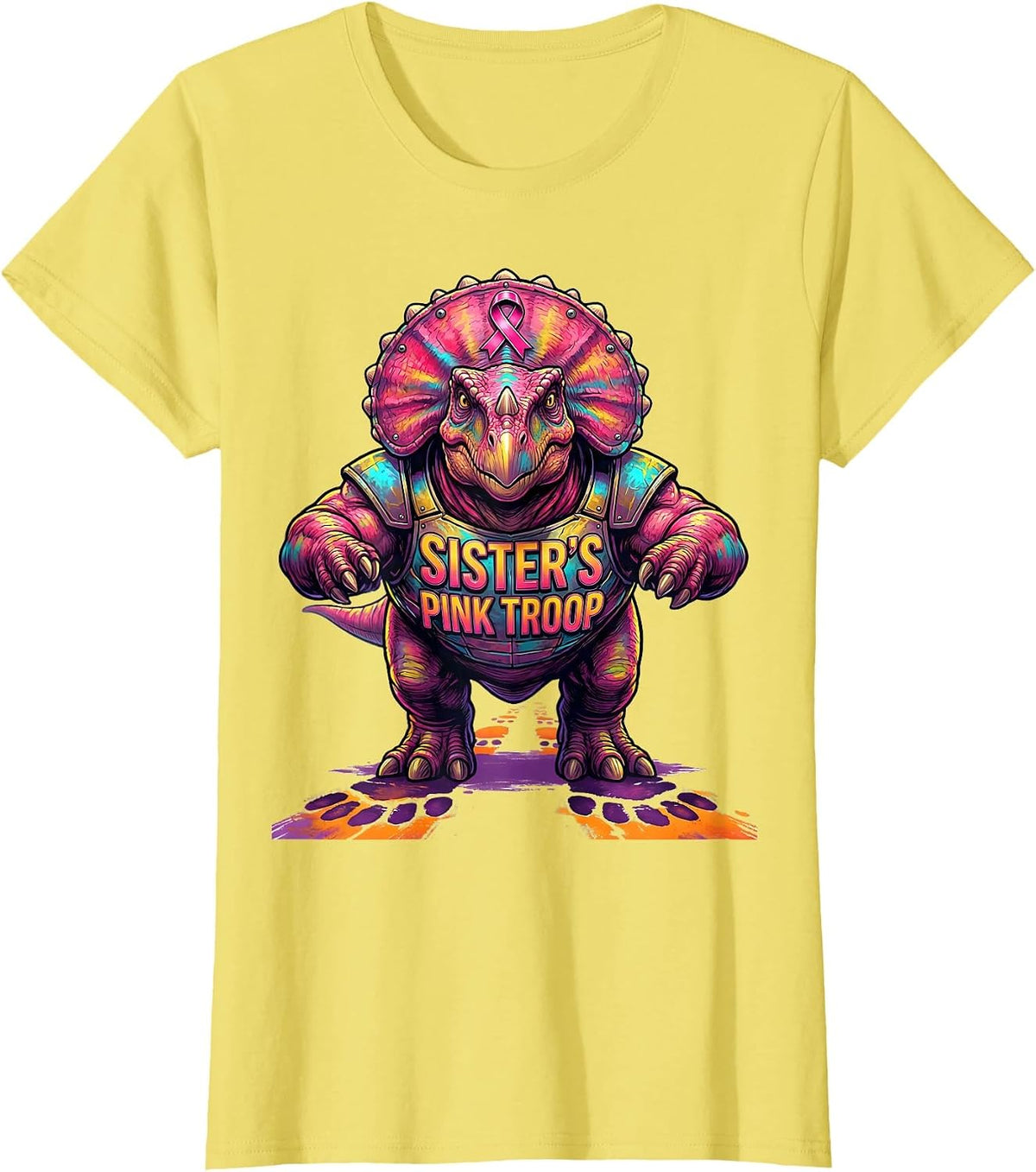 Women's Sister's Pink Troop Colorful Dinosaur Breast Cancer T-Shirt - Lemon Yellow