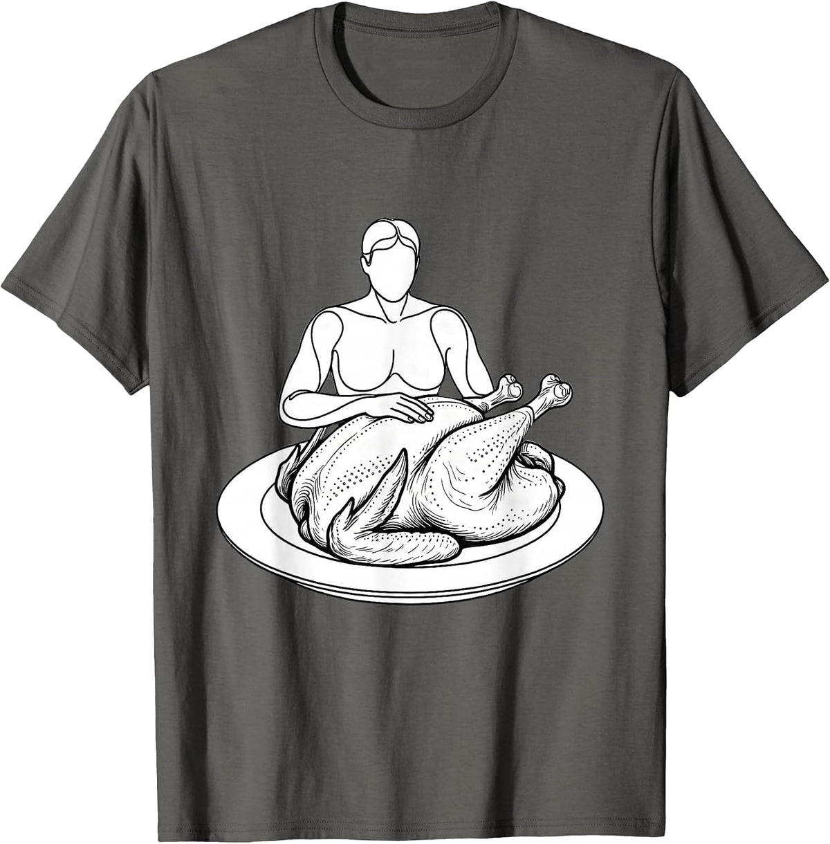 Whole Roasted Turkey Line Art Funny Thanksgiving Matching T-Shirt - Asphalt Grey