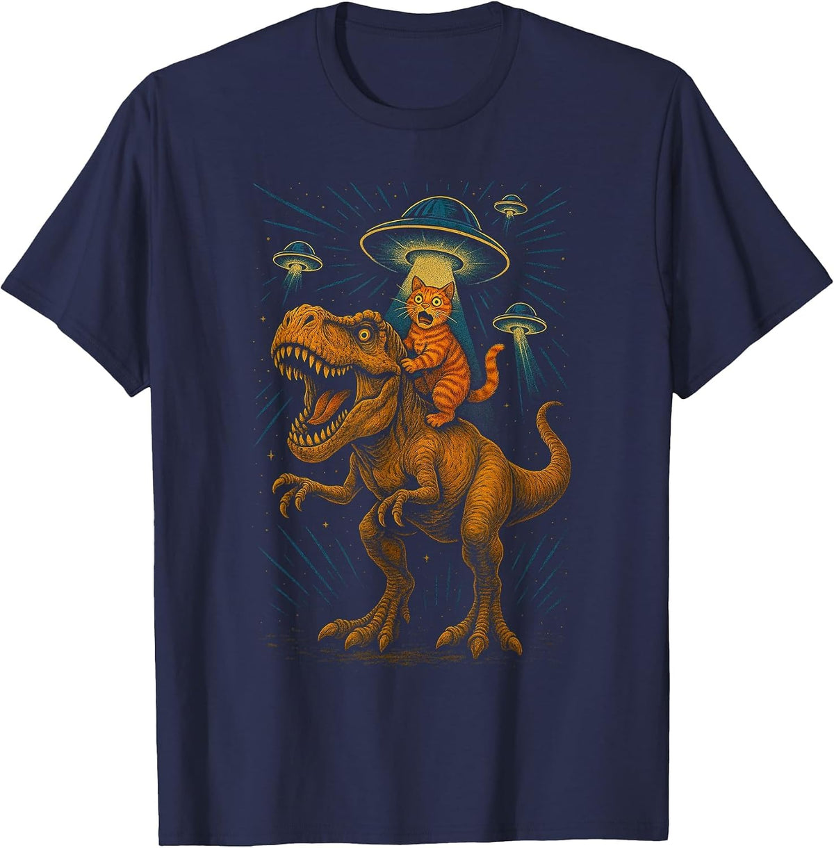 Funny Cat Riding T-Rex Dinosaur Graphic T-Shirt - Navy Blue