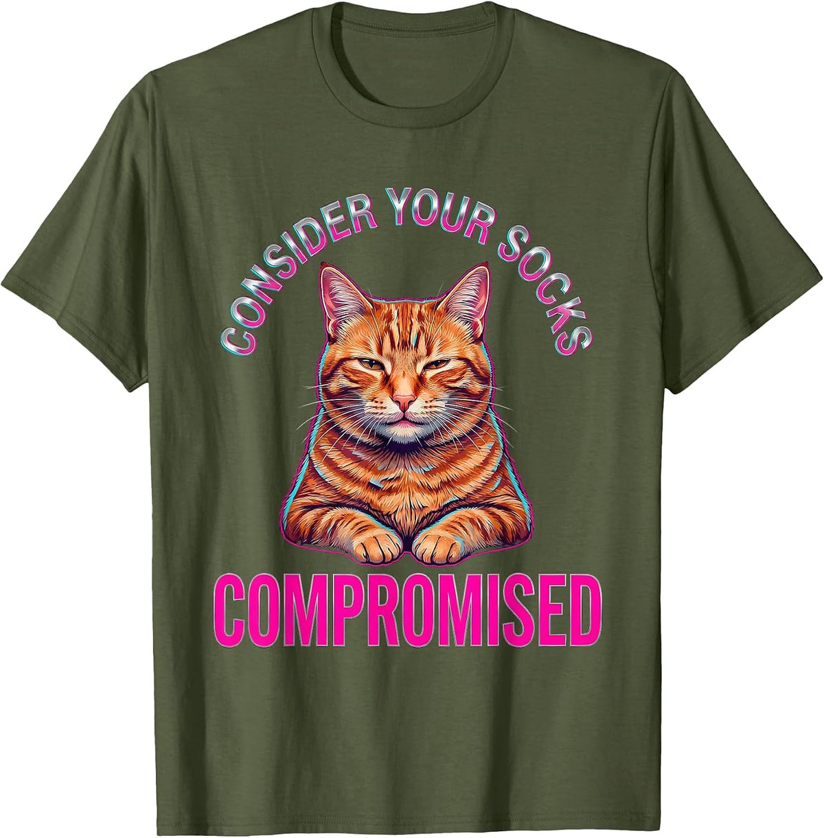 Consider Your Socks Compromised Vaporwave Y2K Cat Meme Humor T-Shirt - Olive Green