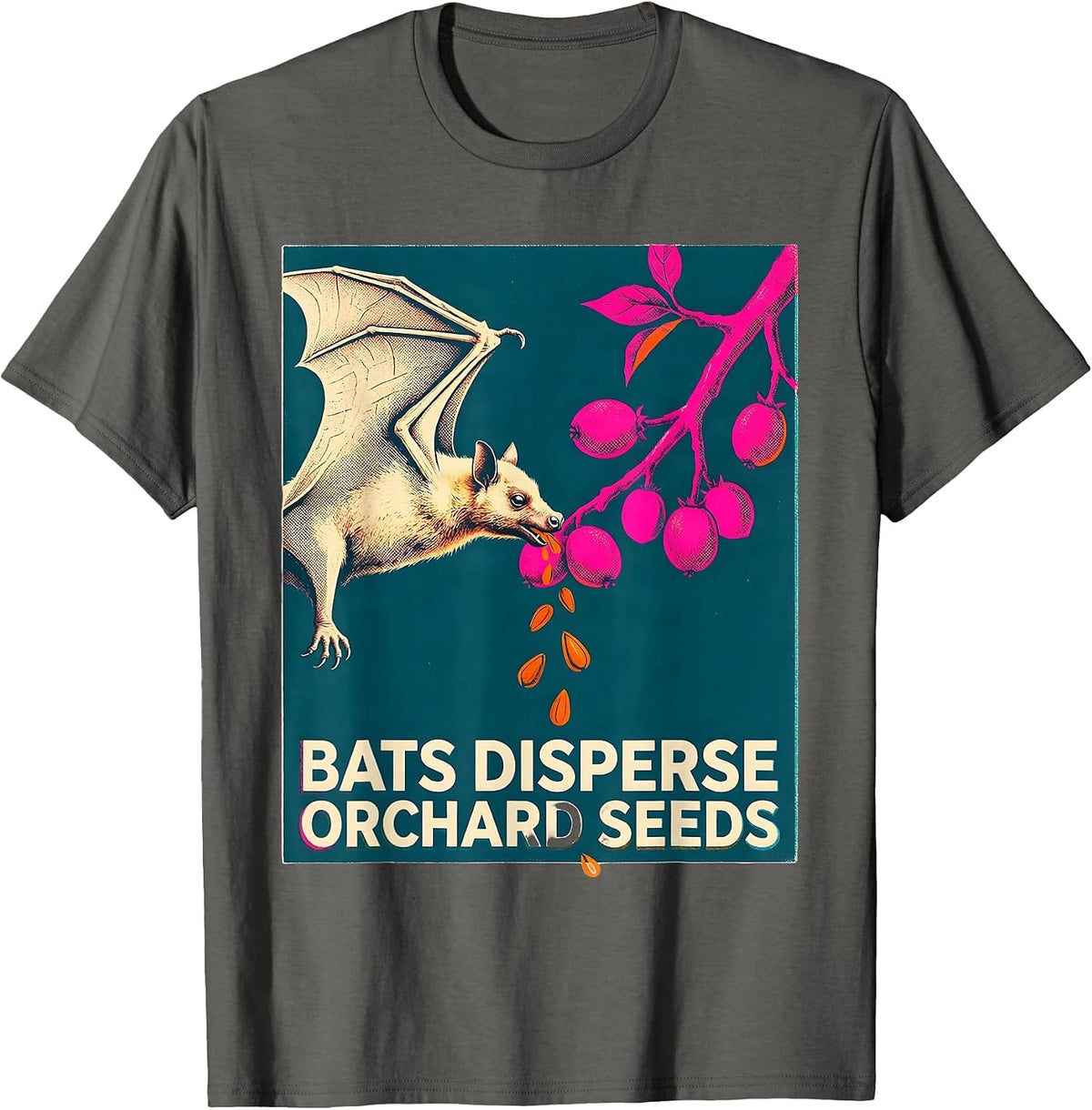 Men's Bats Disperse Orchard Seeds Risograph Bat Lover Nature T-Shirt - Asphalt Grey