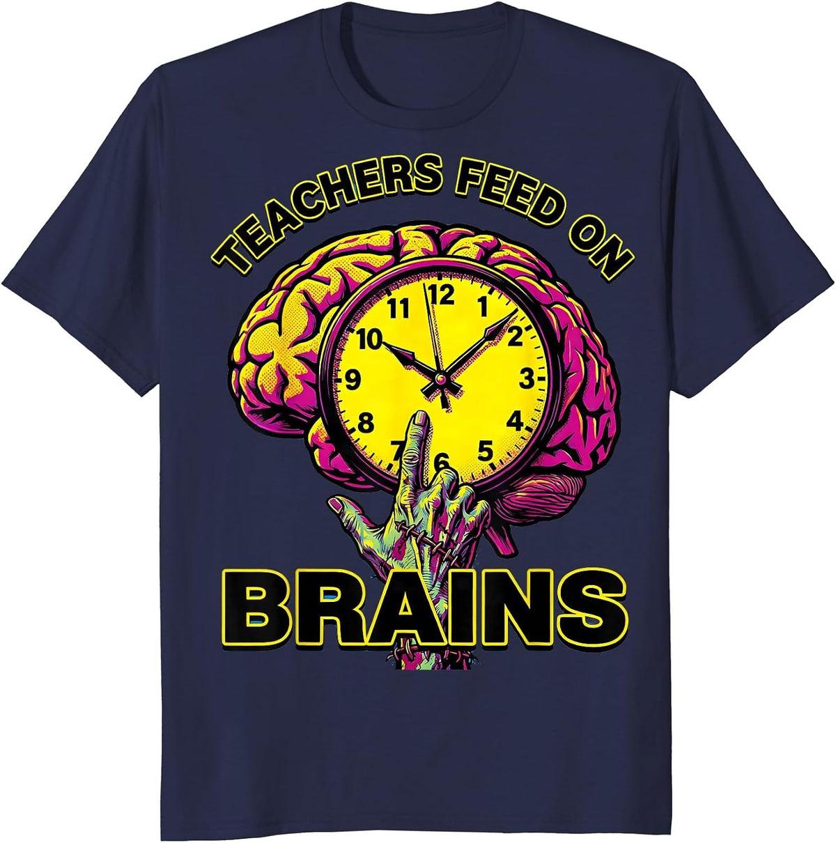 Men's Teachers Feed On Brains Pop Art Funny Halloween Teacher T-Shirt - Navy Blue