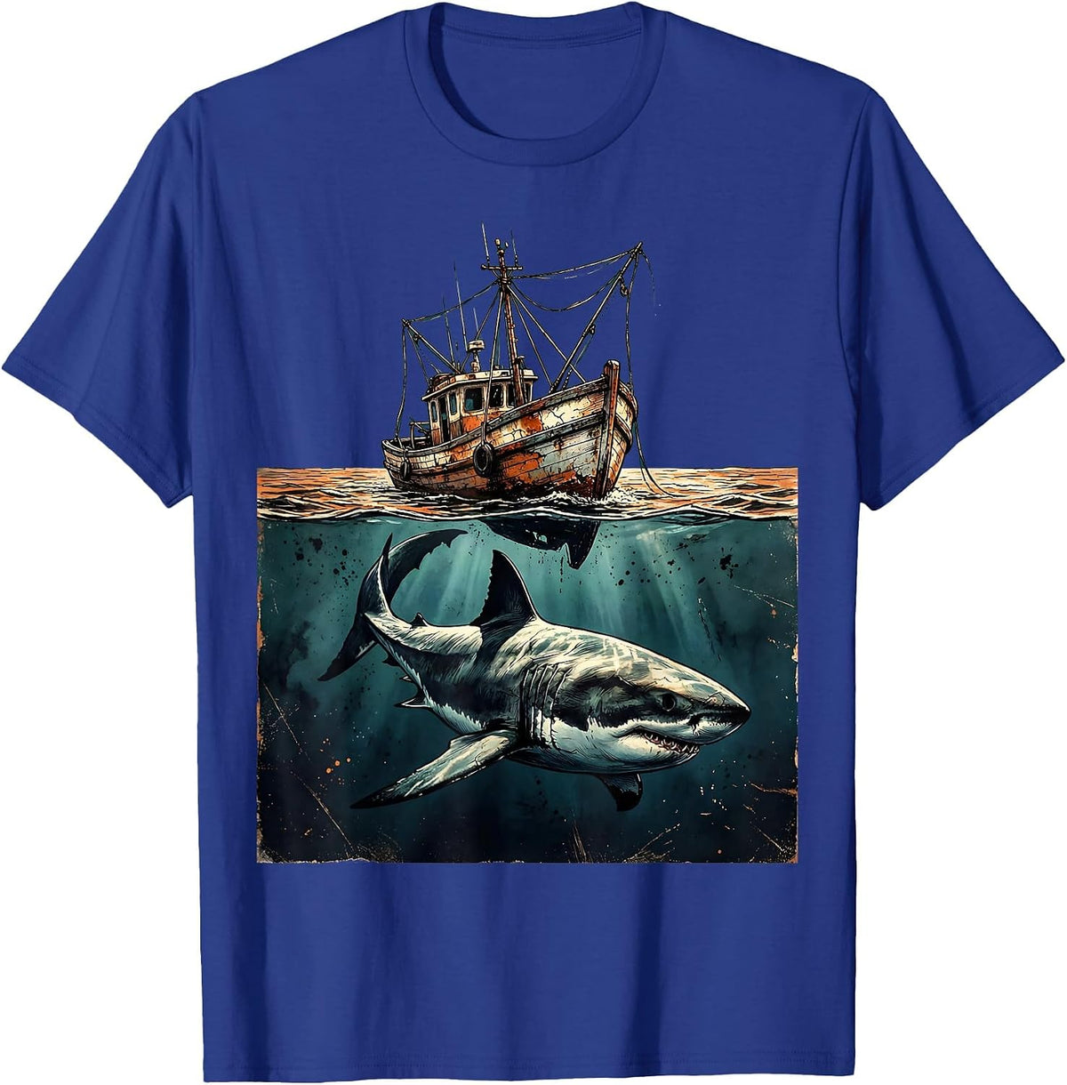 Men's Shark Beneath Fishing Boat Graphic Tee T-Shirt - Royal Blue