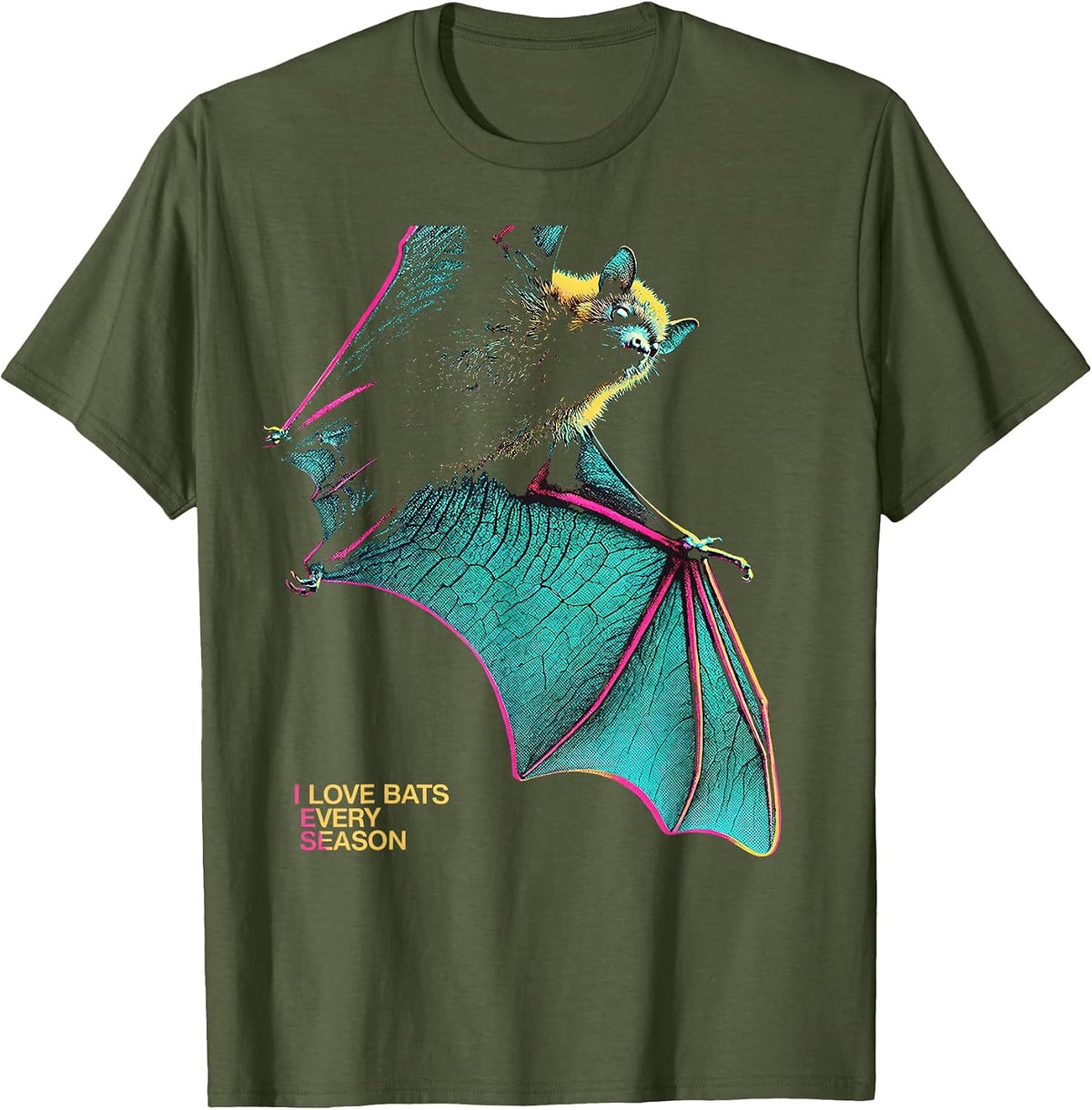 Men's I Love Bats Every Season Vintage Bat Lover Halloween Humor T-Shirt - Olive Green