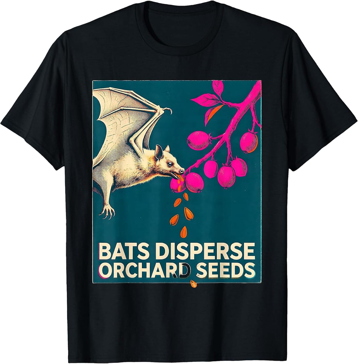 Men's Bats Disperse Orchard Seeds Risograph Bat Lover Nature T-Shirt - Black