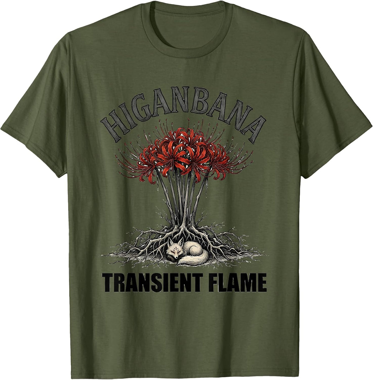 Men's Higanbana Transient Flame Horror Anime Kawaii Goth Aesthetic T-Shirt - Olive Green