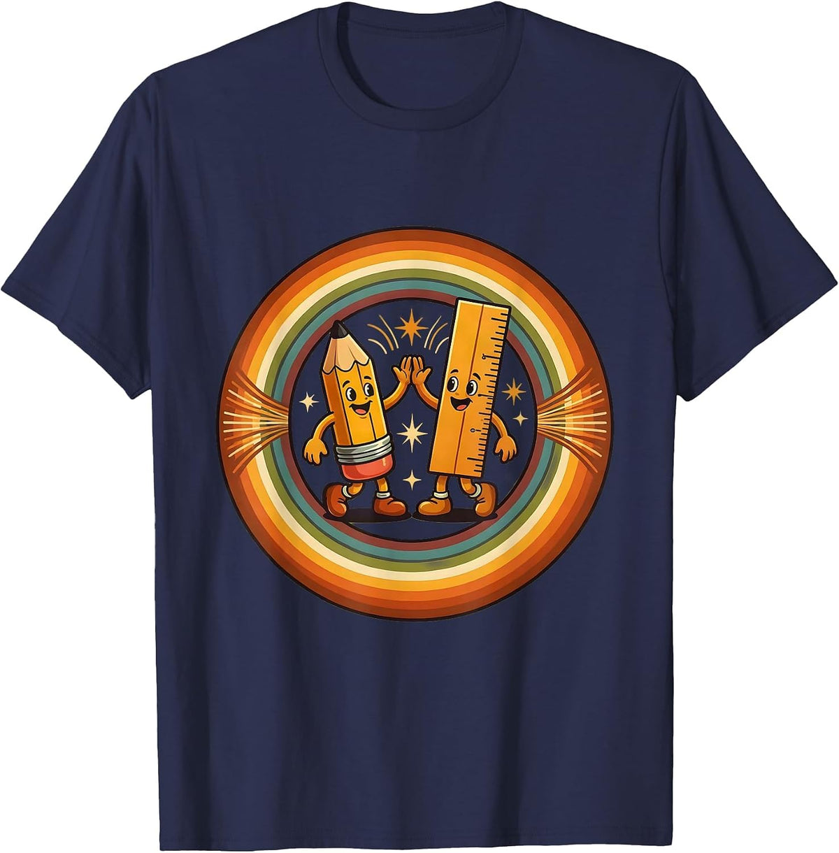 Men's Happy To See Your Face Excited Pencil Ruler High Five T-Shirt - Navy Blue