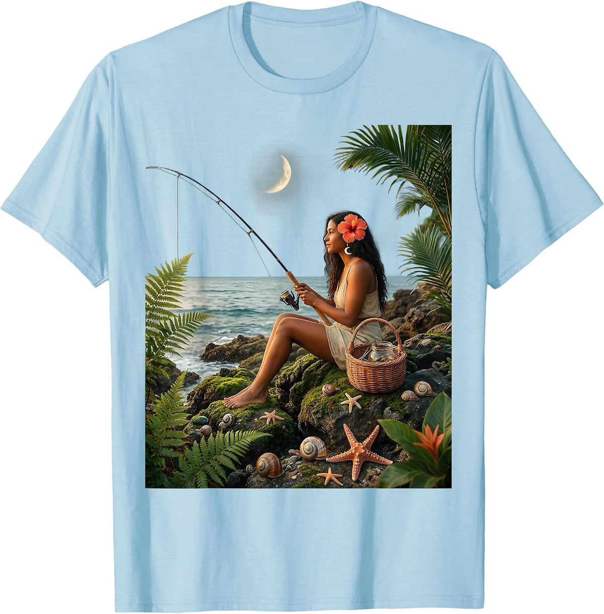 Men's Puerto Rico Coastal Cliff Fishing Illustration T-Shirt - Baby Blue