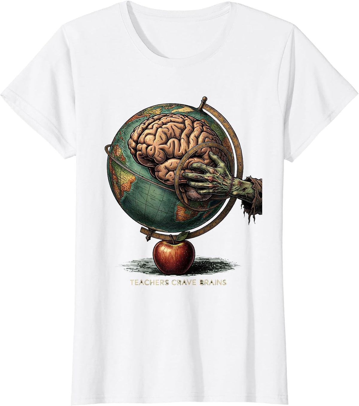 Women's Teachers Crave Brains Vintage Funny Zombie Teacher Halloween T-Shirt - White