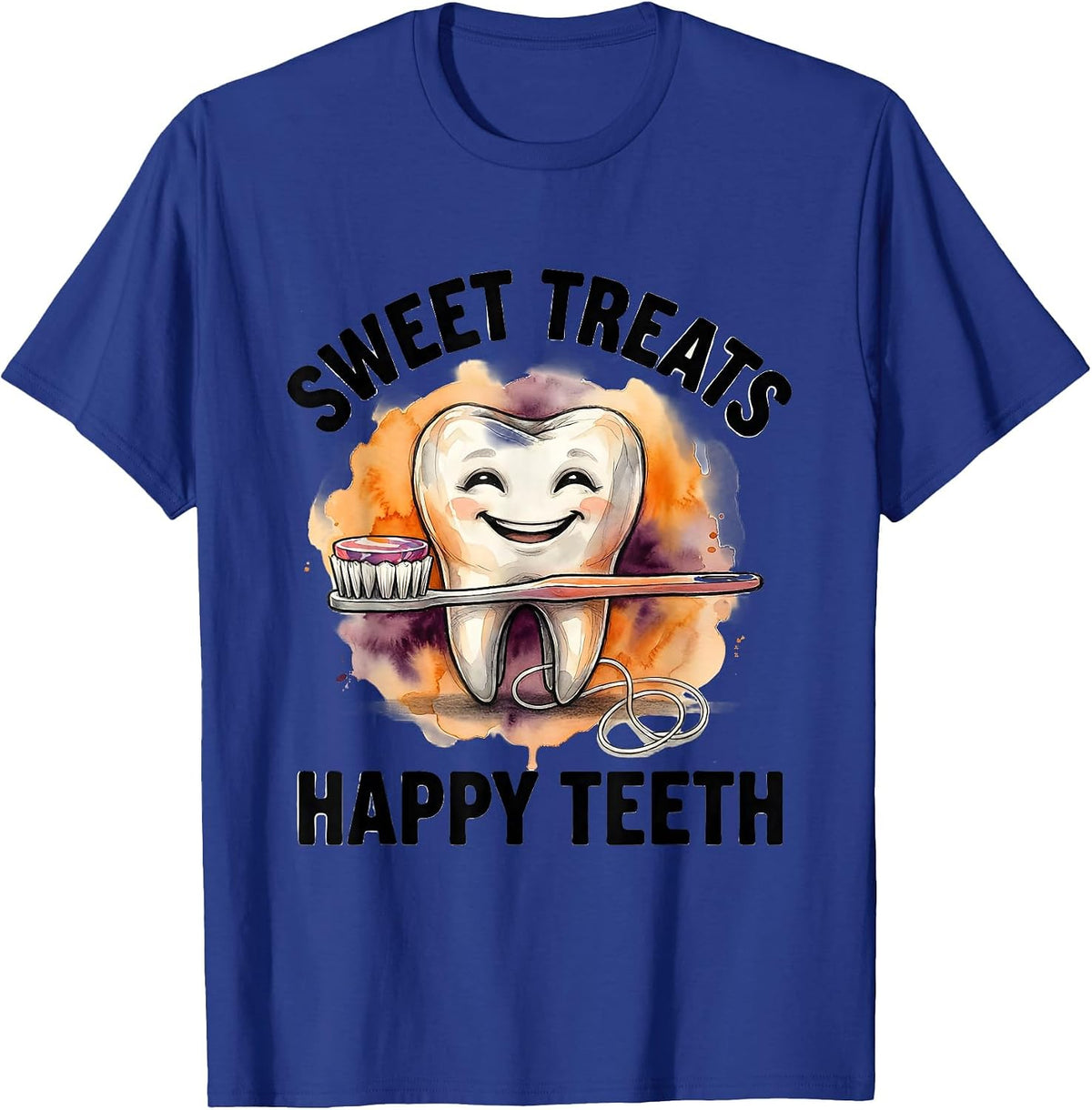 Men's Sweet Treats Happy Teeth Watercolor Dental Humor Halloween T-Shirt - Royal Blue