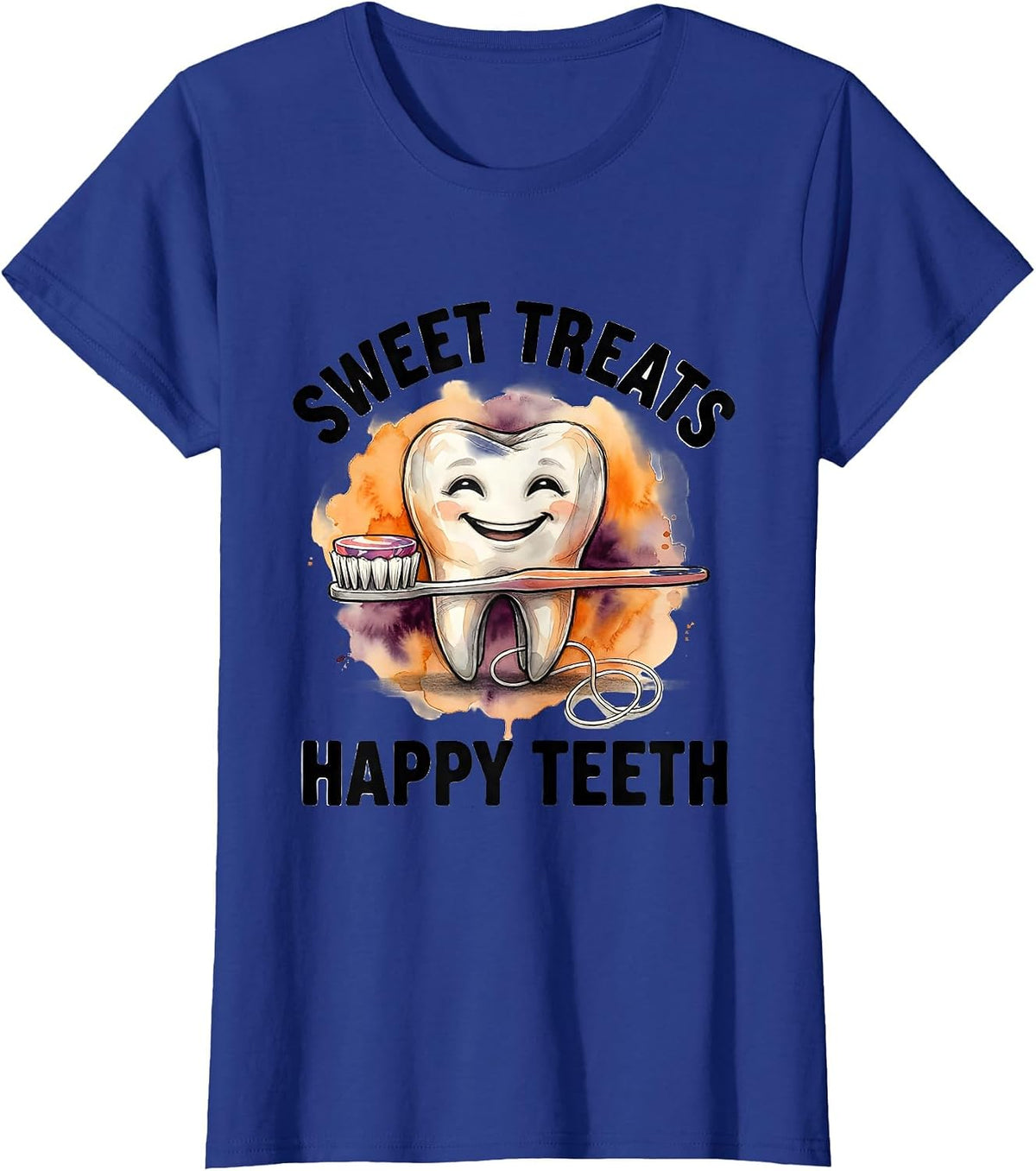 Women's Sweet Treats Happy Teeth Watercolor Dental Humor Halloween T-Shirt - Royal Blue