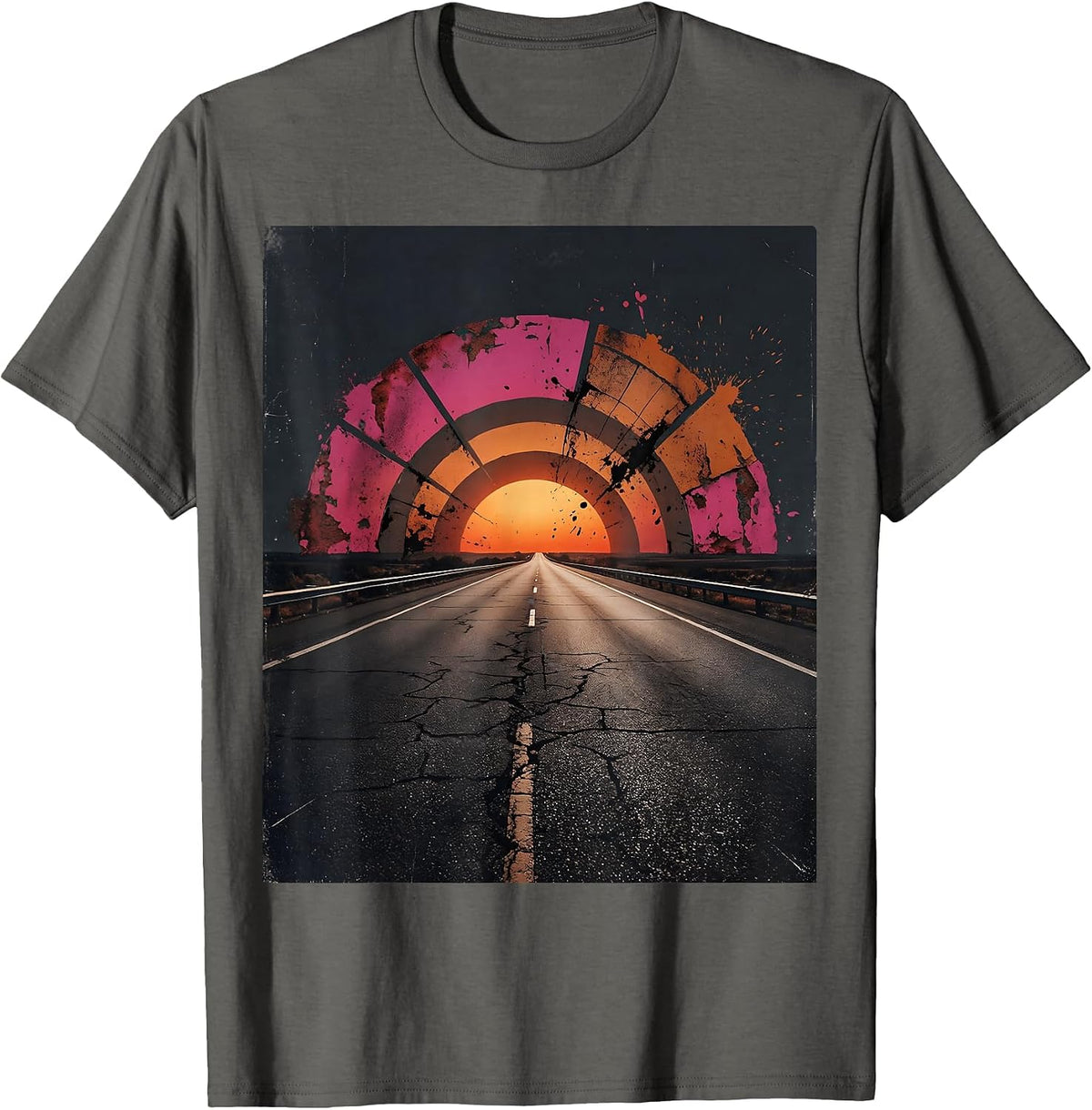 Neon Grid Highway Retro 80s Synthwave Design T-Shirt - Asphalt Grey