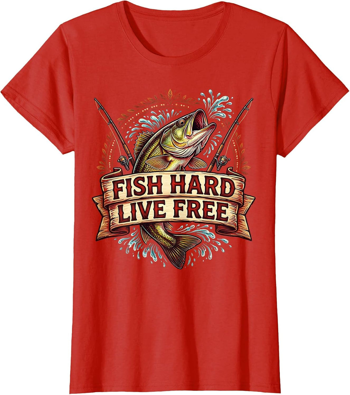 Fish Hard Live Free Fishing Design For Men T-Shirt - Red