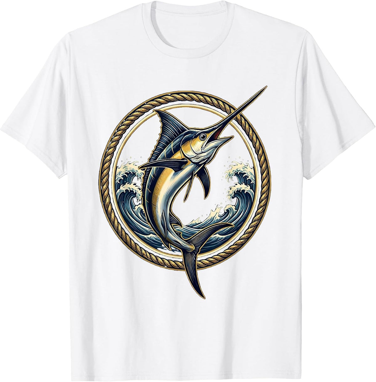 Men's Marlin Leaping Ocean Waves Hawaiian Design T-Shirt - White