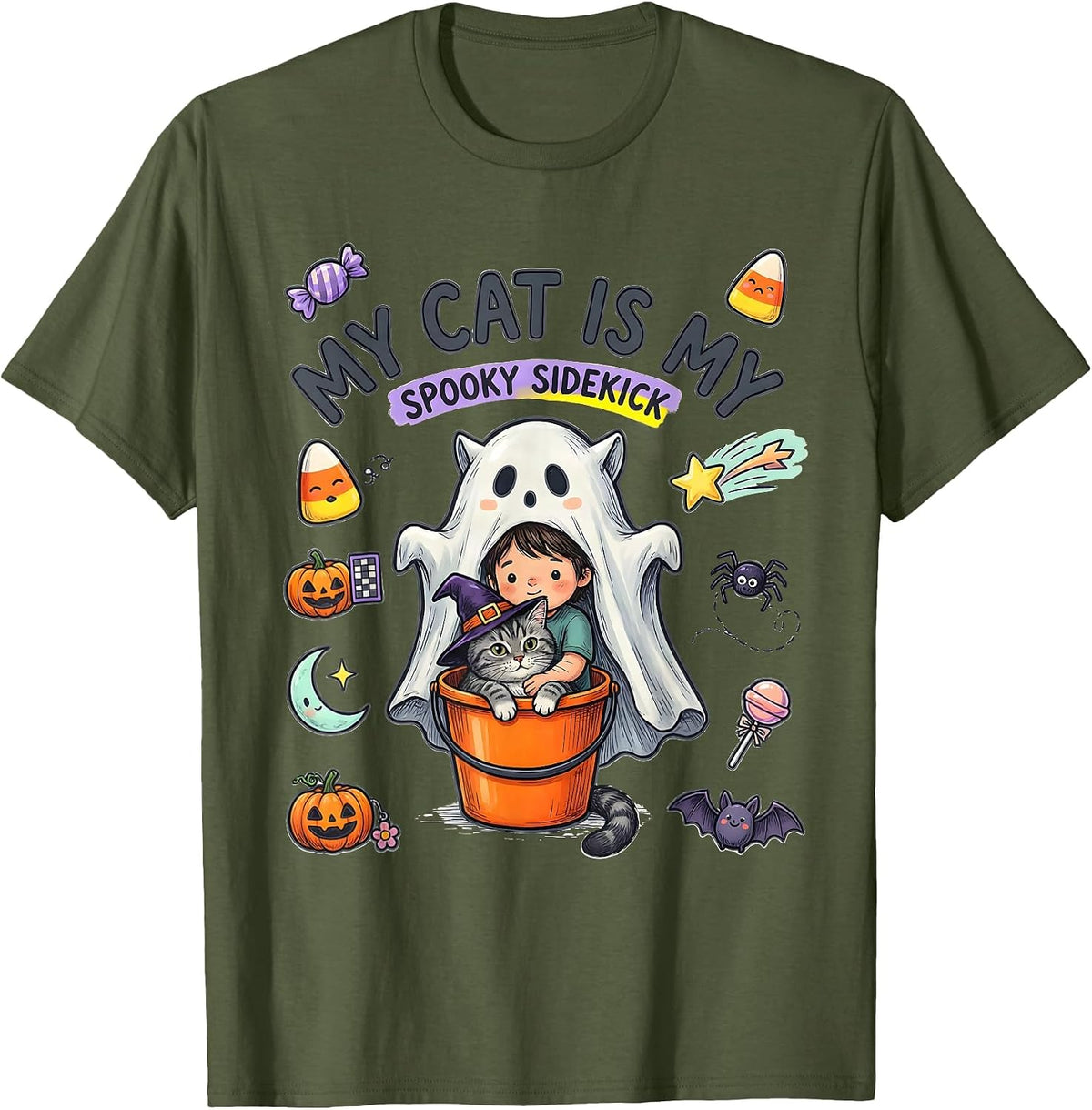 My Cat Is My Spooky Sidekick Kawaii Halloween Cat Lover Gift T-Shirt - Olive Green
