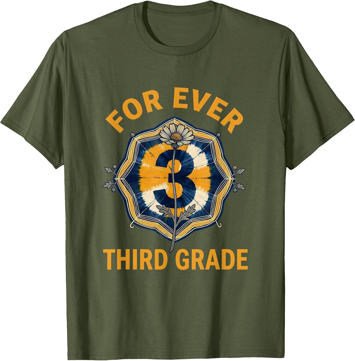 For Ever Third Grade Retro Teacher Wildflowers T-Shirt - Olive Green