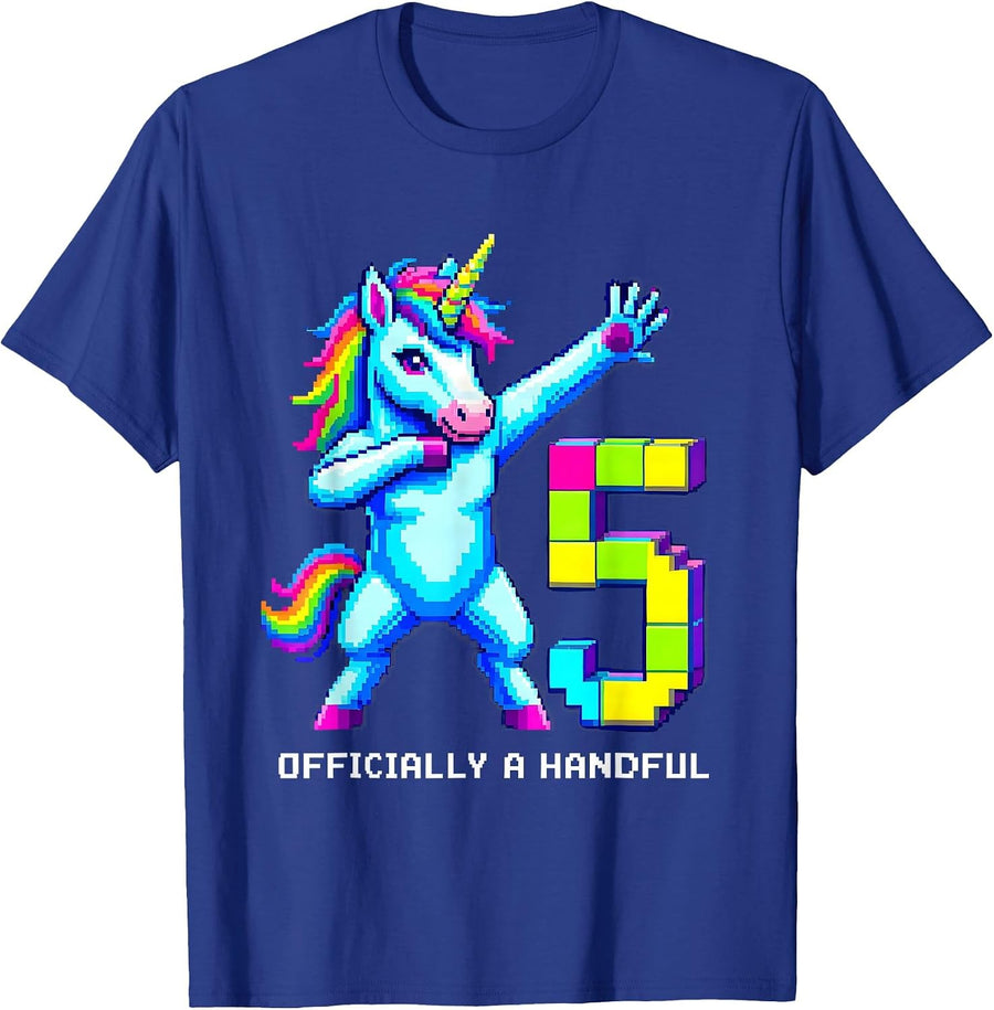 Officially A Handful Pixel Art Unicorn Birthday Girl Party T-Shirt - Royal Blue