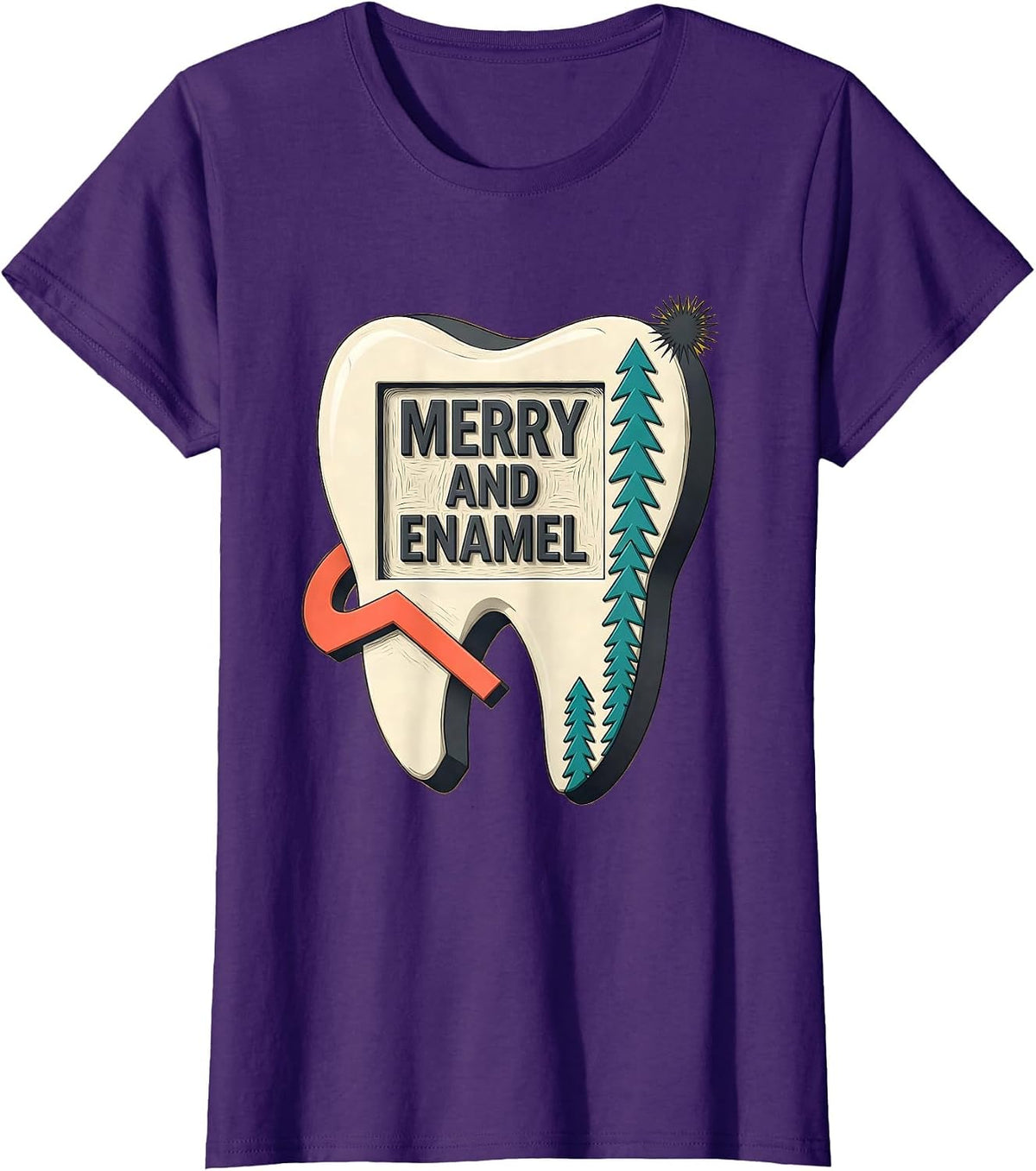 Women's Merry and Enamel Midcentury Modern Dental Christmas Dentist T-Shirt - Purple