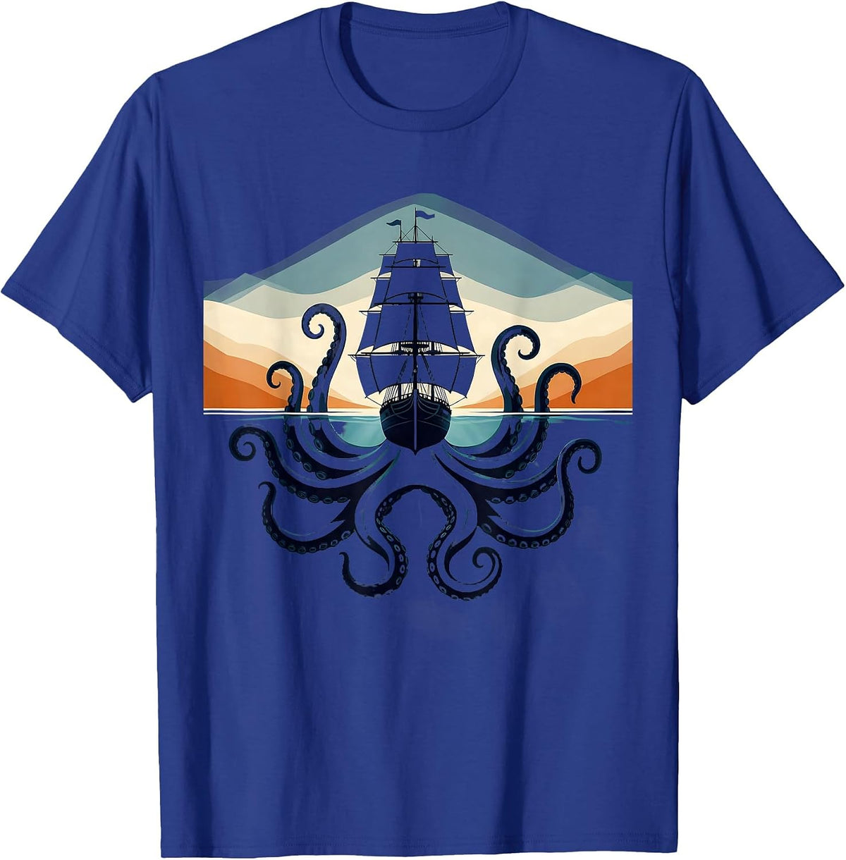 Octopus Dragging Ship Under Ocean Surface T-Shirt - Royal Blue