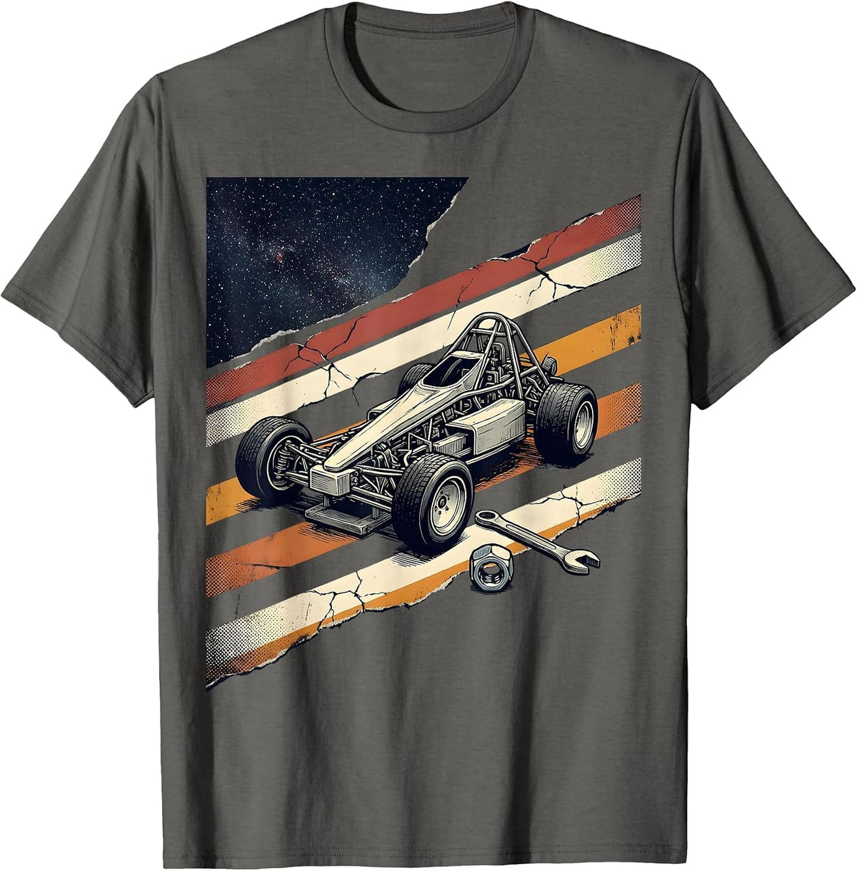 RC Dragster Chassis Distressed American Flag Racer T-Shirt - Asphalt Grey