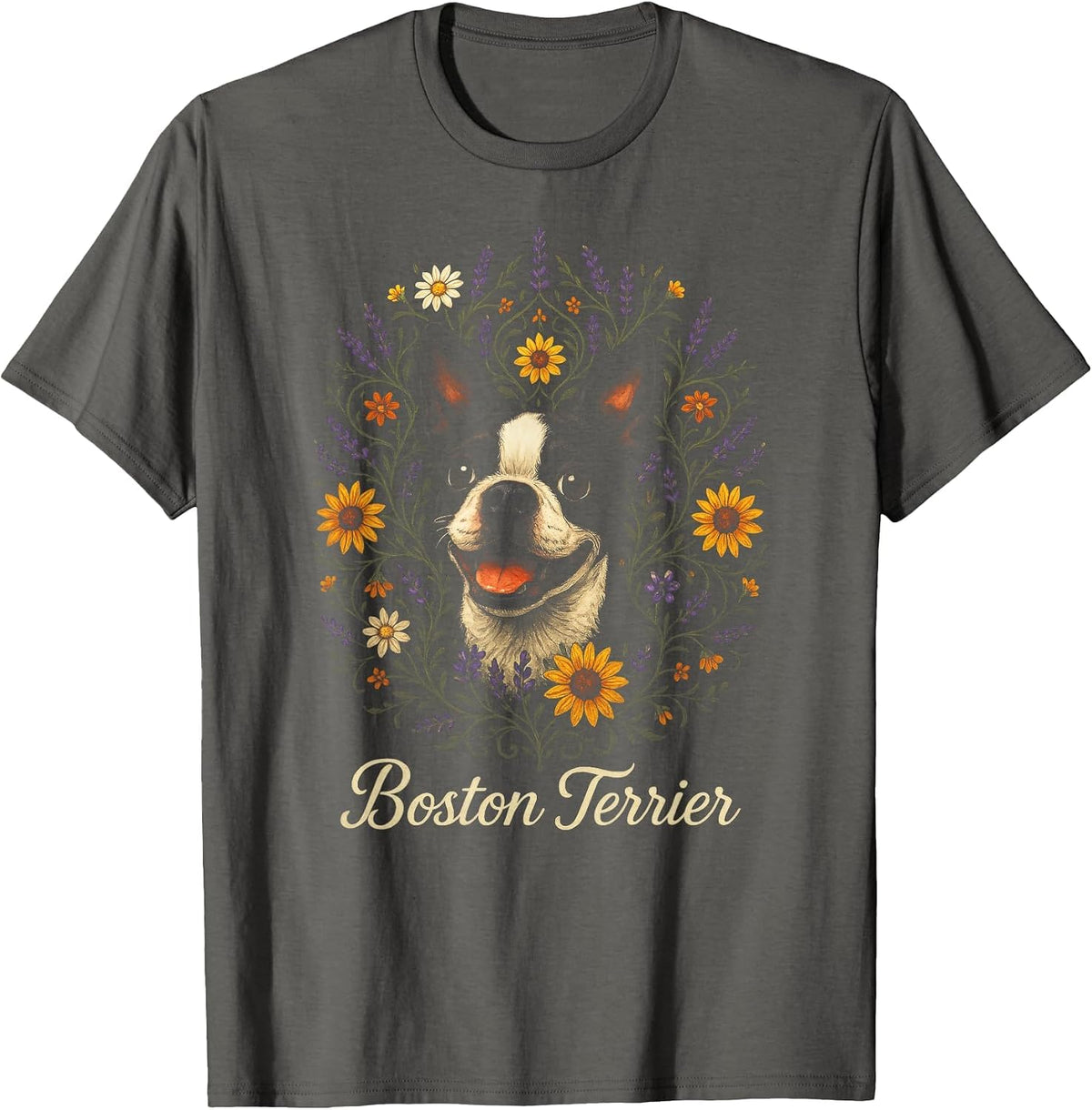 Boston Terrier - Cute Dog Flower Heart Design T-Shirt - Asphalt Grey