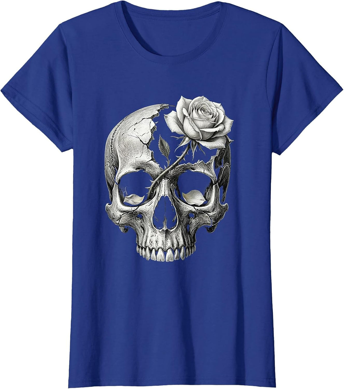 Women's Skull Rose Gothic Alt Aesthetic Teen Grunge T-Shirt - Royal Blue