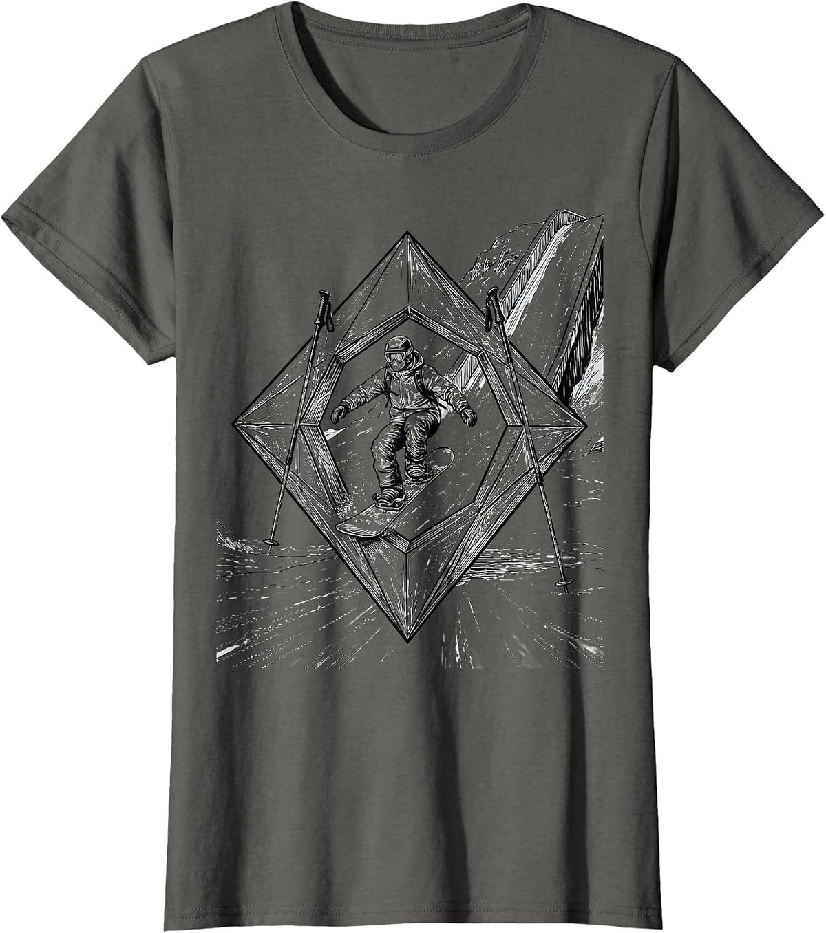 Women's Relaxed Snowboarder Line Art Winter Sports Humor T-Shirt - Asphalt Grey