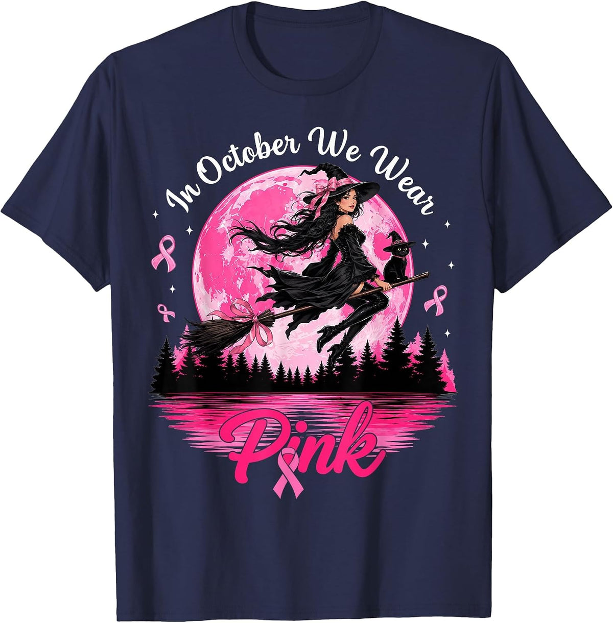 in October We Wear Pink Witch Breast Cancer Halloween Women T-Shirt - Navy Blue
